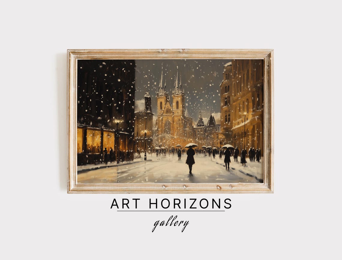 Snowy European Old Town Square Night Twin Spired Church Winter Poster