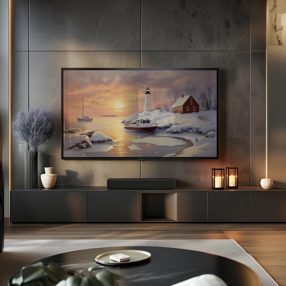 Sailboat Winter Frame Tv Art Winter Harbor Scene Art Lighthouse Landscape Tv Art Snowy Nautical Oil Painting Art Tv52 - Image 2