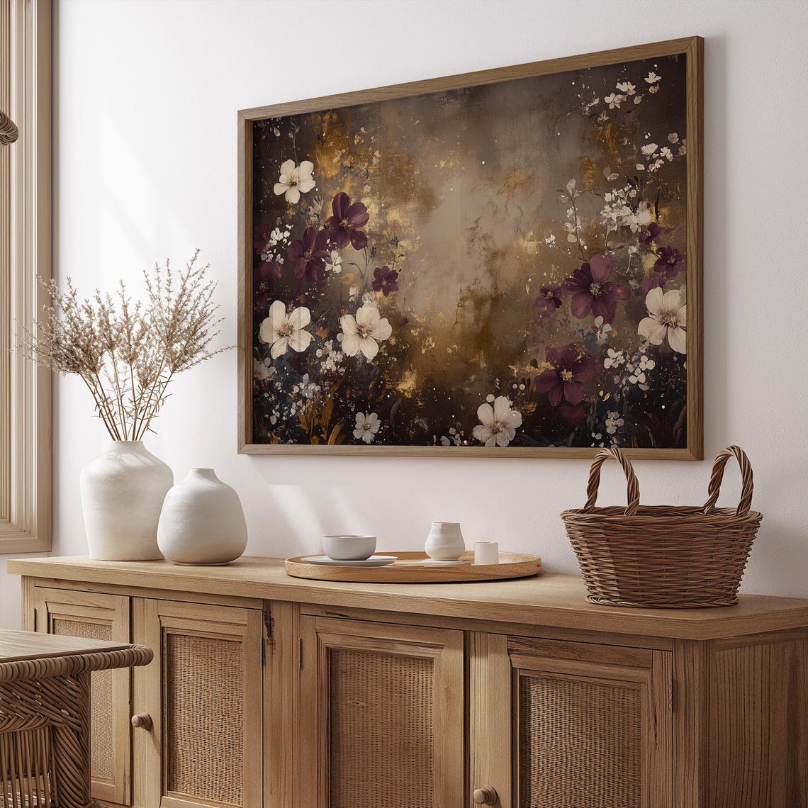 Burgundy And Cream Flowers With Golden Light Dark Floral Art Poster - Image 2