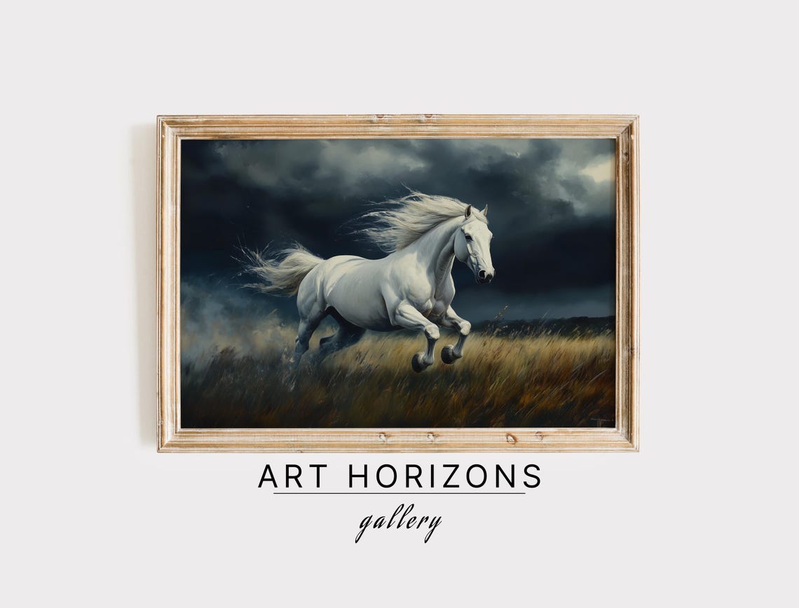 White Horse Galloping Under Stormy Sky Dramatic Oil Painting Poster