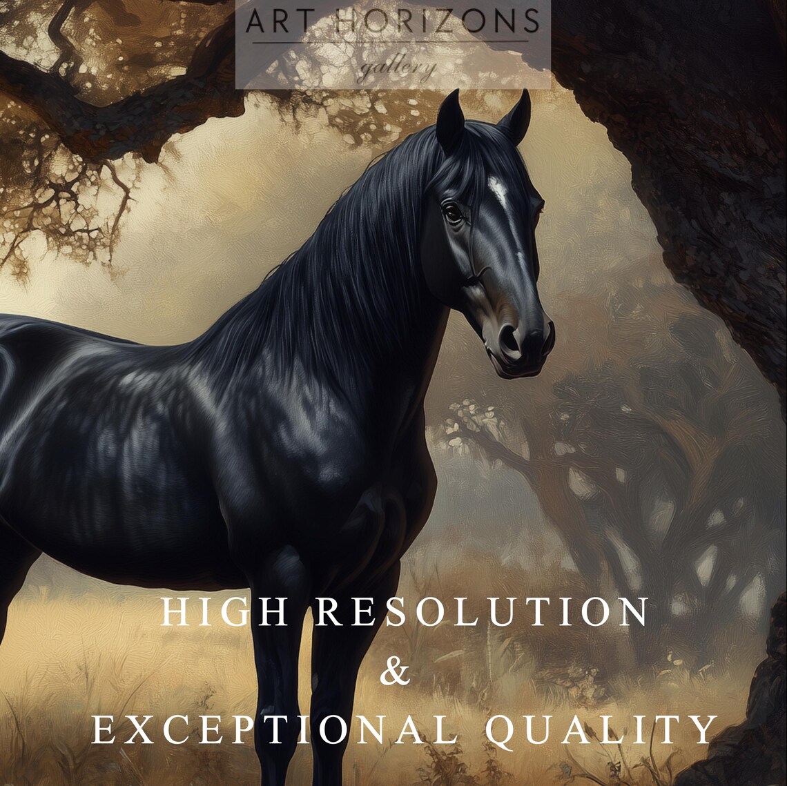Black Horse Under Grand Oak Tree Golden Field Moody Vintage Art Poster - Image 3