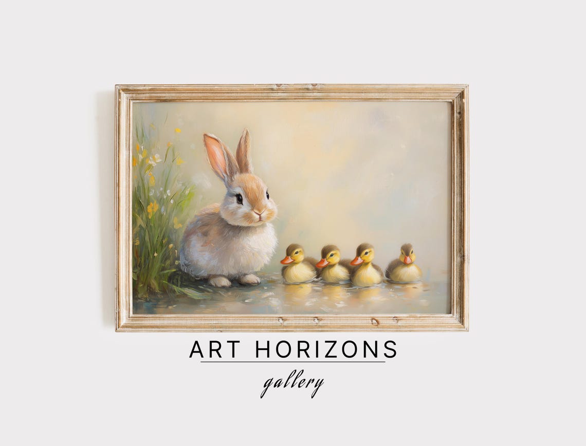 Easter Wall Art Cute Bunny Rabbit Ducklings Spring Decor Vintage Oil Painting Antique Easter Art For Home A240