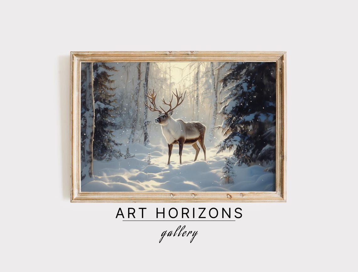 Reindeer Stag Antlers Sunlit Snowy Forest Winter Wildlife Poster
