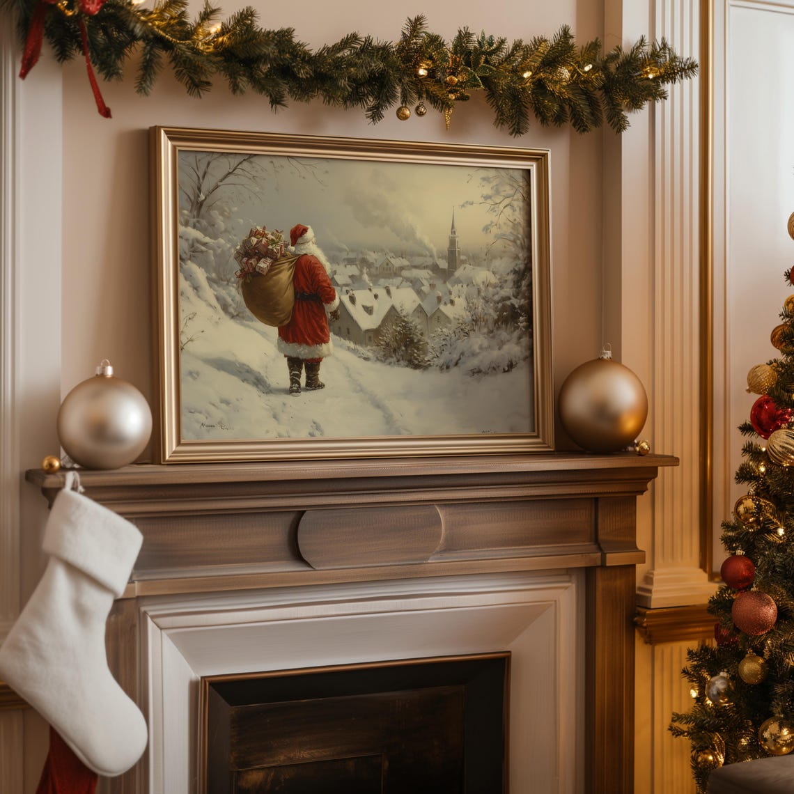 Vintage Santa Claus Wall Art Snowy Village Art Farmhouse Christmas Print Festive Holiday Home Decor Santa Claus Painting A10 - Image 2