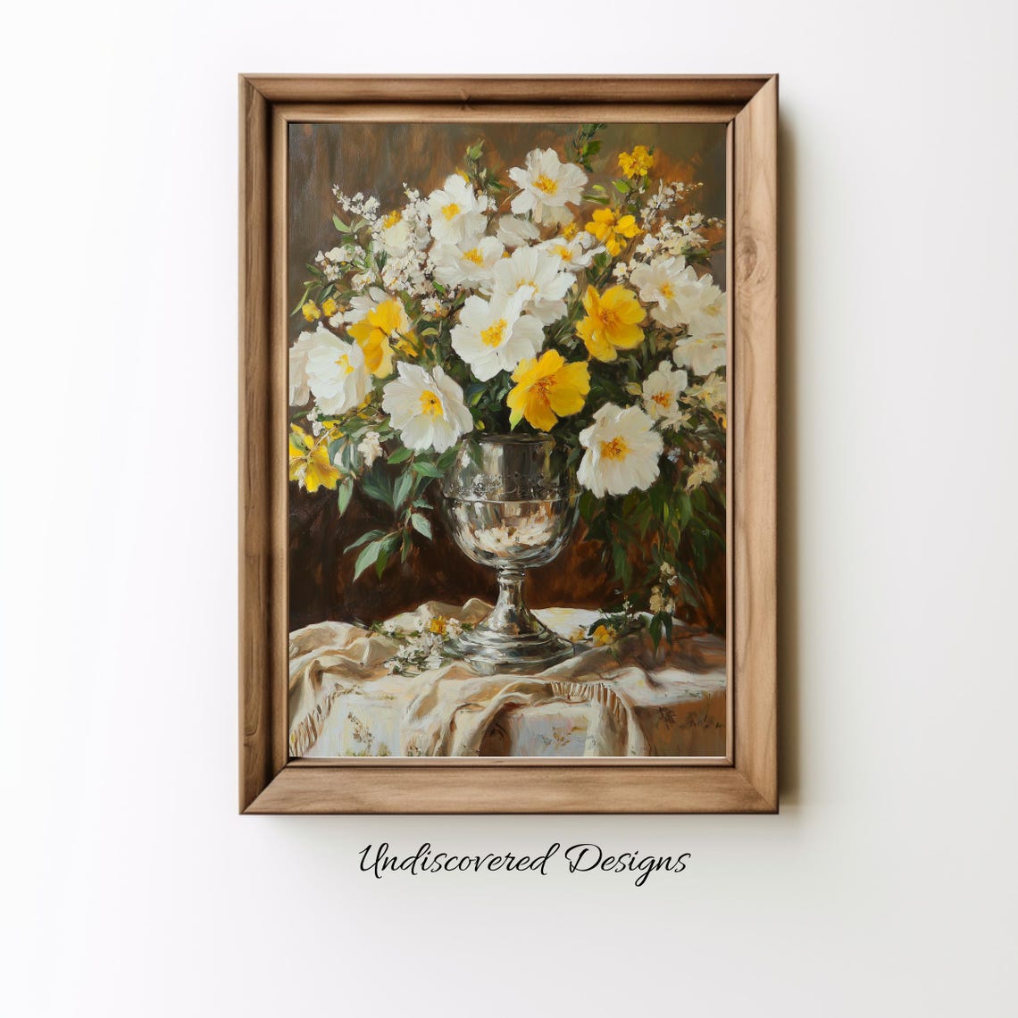 White and Yellow Daisies in a Silver Urn Classic Floral Poster
