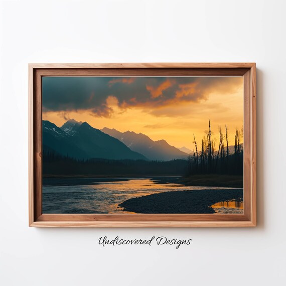 Alaska Mountain River At Sunset Golden Hour Wilderness Landscape Art Poster