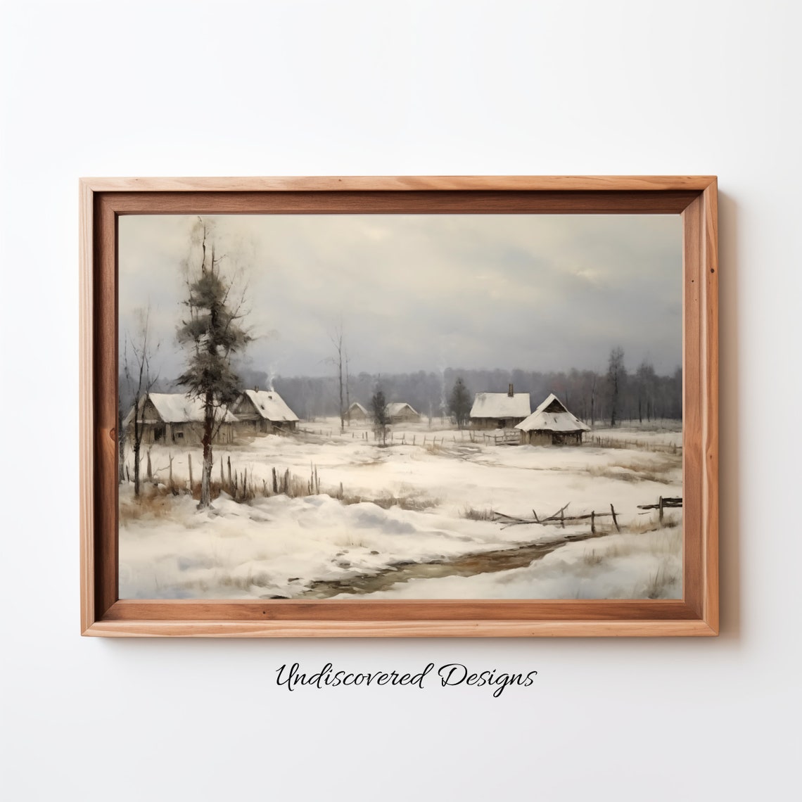 Snowy Village Cabins Vintage Winter Landscape Painting Poster