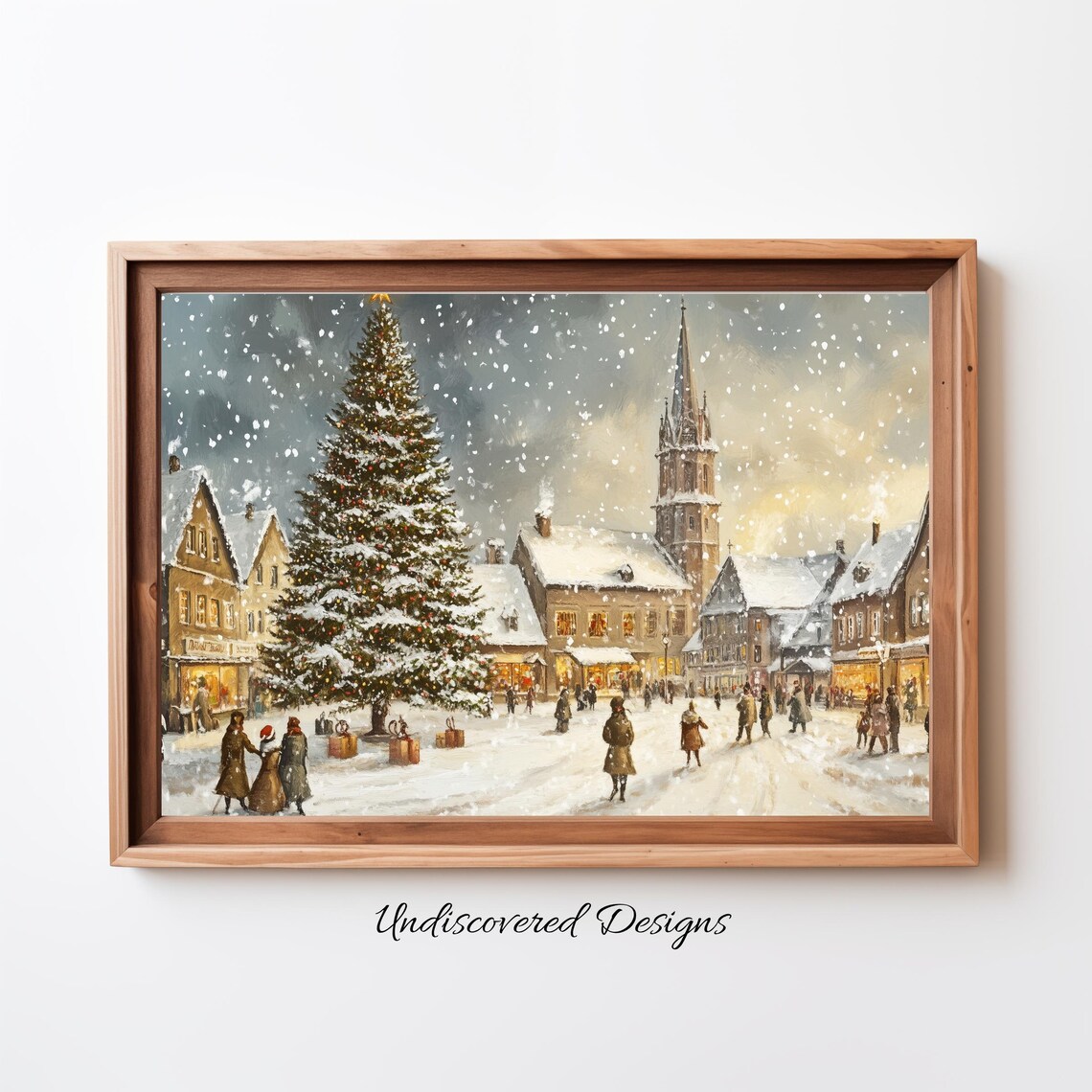Grand Christmas Tree In Snowy Town Square At Night Vintage Scene Poster