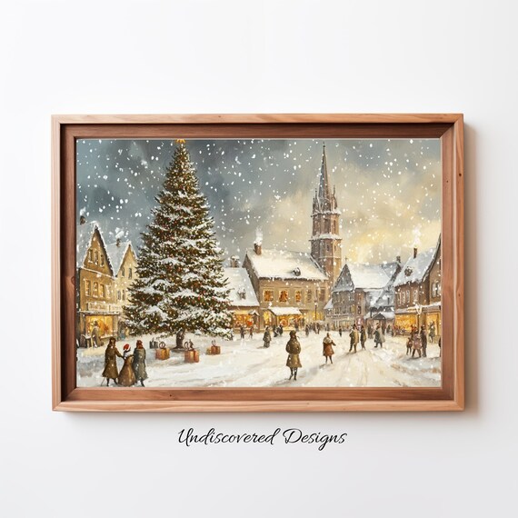 Grand Christmas Tree In Snowy Town Square At Night Vintage Scene Poster