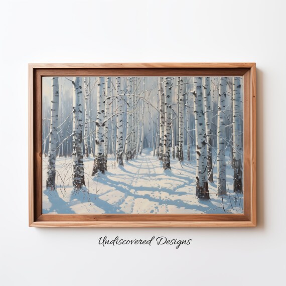 Snowy Winter Birch Forest Path With Blue Shadows Oil Painting Poster