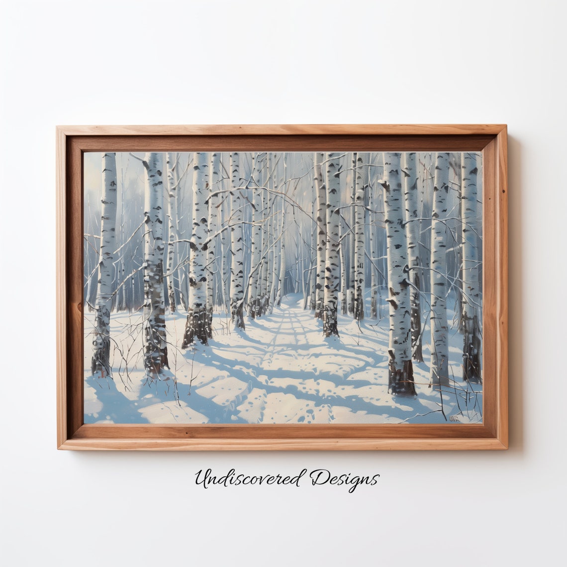 Snowy Winter Birch Forest Path With Blue Shadows Oil Painting Poster