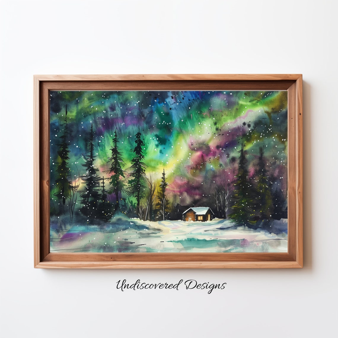 Aurora Borealis Over Snowy Cabin Forest Watercolor Night Poster