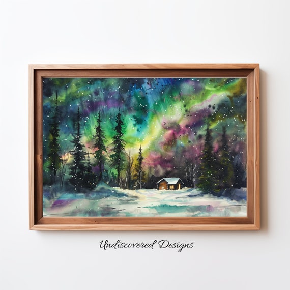 Northern Lights Vintage Art Print Winter Farmhouse Decor