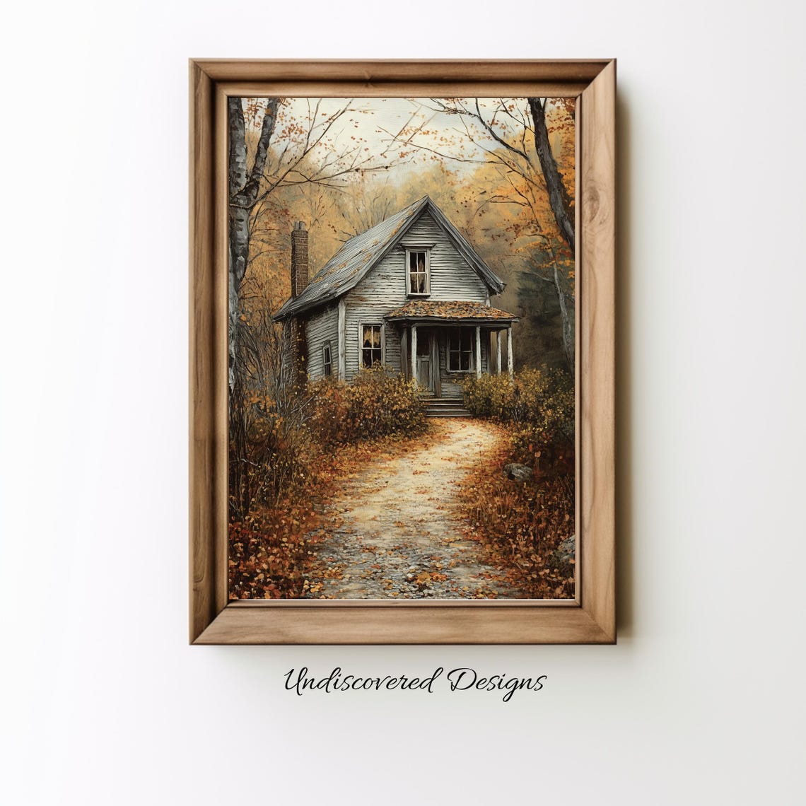 Rustic Cabin In Autumn Woods With Falling Leaves Oil Painting Poster
