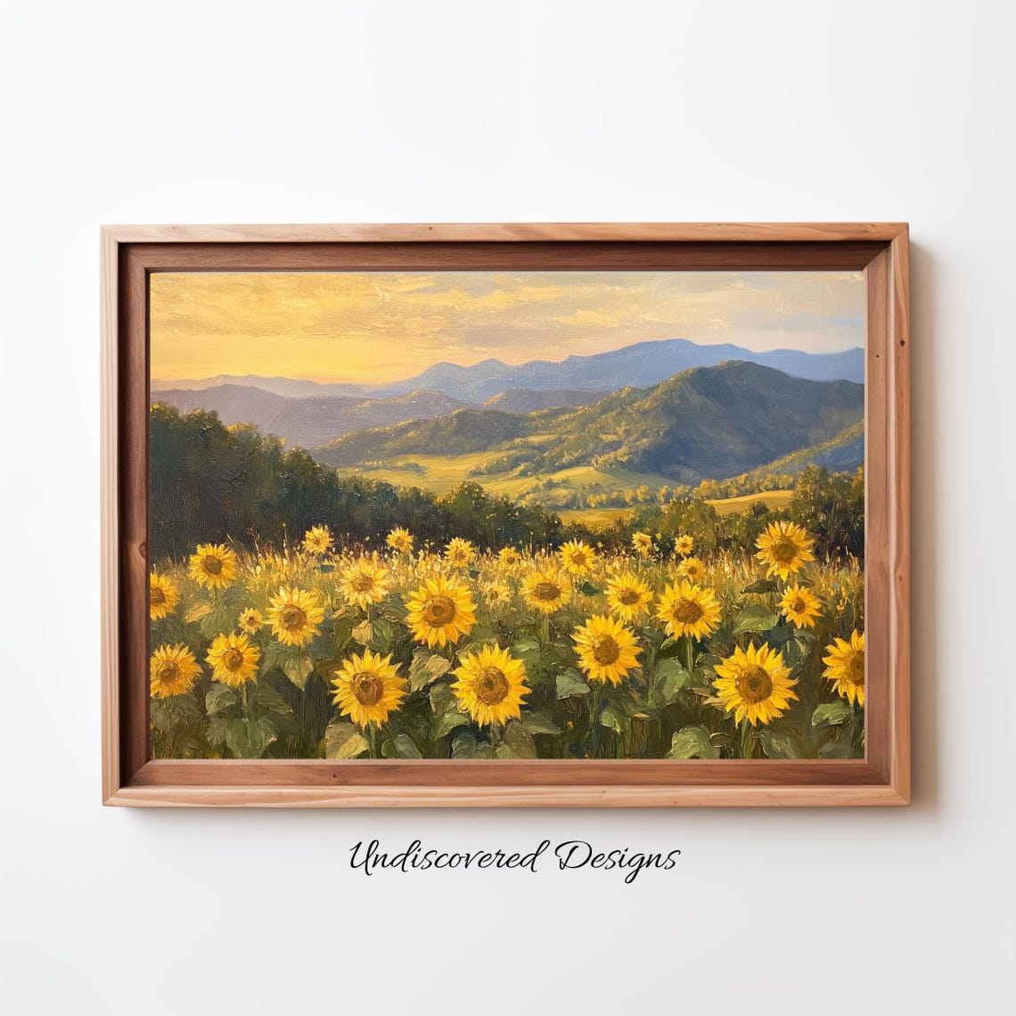 Sunflower Field at Sunset with Mountain View Vintage Summer Poster