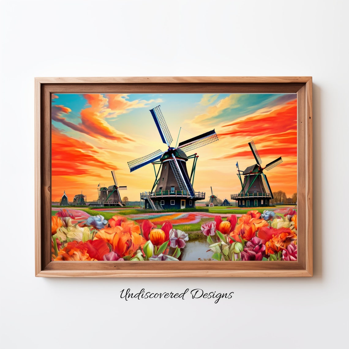 Dutch Windmills and Tulips at Sunset Holland Countryside Poster