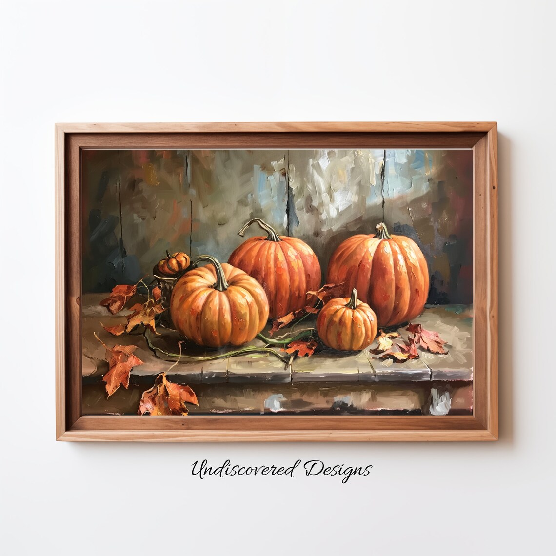 Autumn Pumpkins Still Life Oil Painting with Fall Leaves Poster