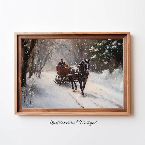 Vintage Winter Sleigh Ride Horse Drawn Carriage Snowy Forest Oil Painting Poster