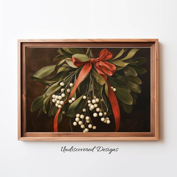 Vintage Mistletoe White Berries Red Bow Christmas Oil Painting Poster