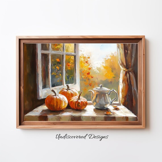 Pumpkins and Coffee Pot on Autumn Windowsill Vintage Still Life Poster