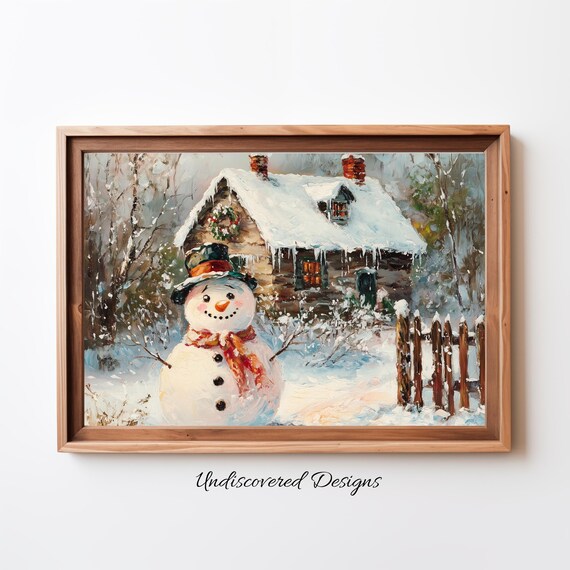 Snowman With Scarf Before Snowy Log Cabin Vintage Christmas Scene Poster