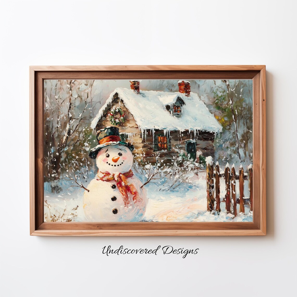 Snowman With Scarf Before Snowy Log Cabin Vintage Christmas Scene Poster