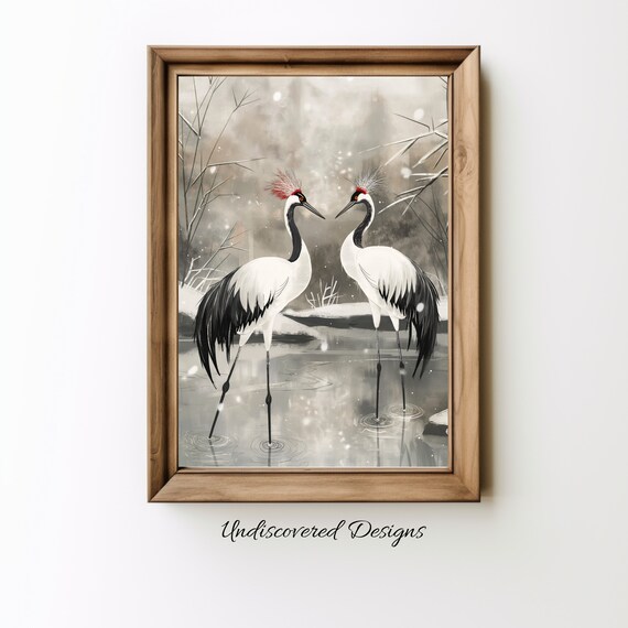 Red Crowned Crane Pair Winter Ink Painting Japanese Style Wall Art