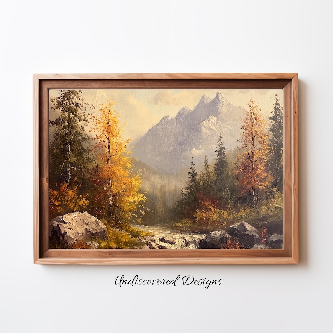 Autumn Mountain Valley Oil Painting Golden Trees Rocky Stream Poster