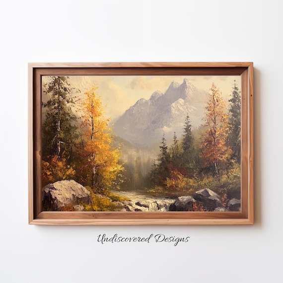Autumn Mountain Valley Oil Painting Golden Trees Rocky Stream Poster