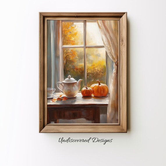 Pumpkins and Teapot Autumn Windowsill Cozy Fall Oil Painting Poster