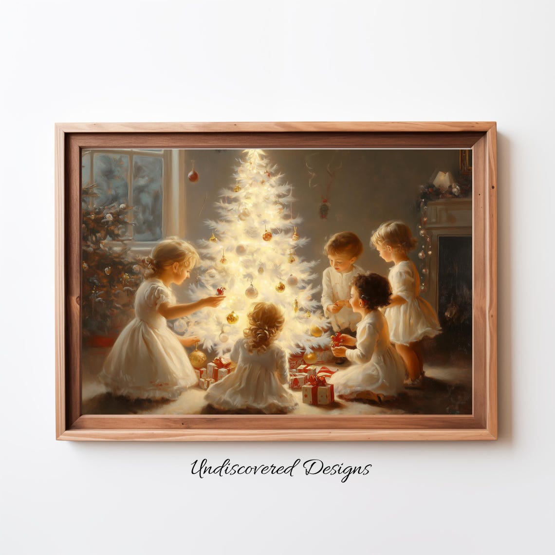 Children Around The Christmas Tree Vintage Holiday Painting Poster