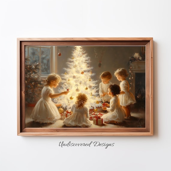 Children Around The Christmas Tree Vintage Holiday Painting Poster