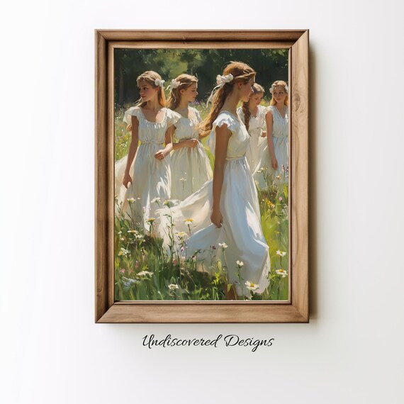 Young Women In White Dresses Walking Through Wildflower Meadow Art Poster
