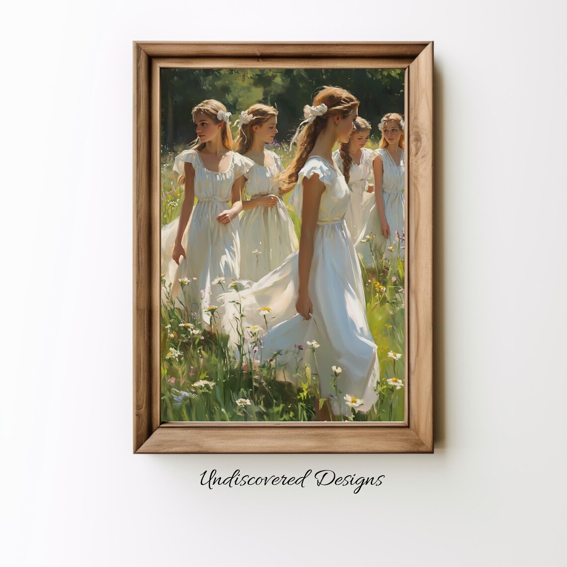 Young Women In White Dresses Walking Through Wildflower Meadow Art Poster