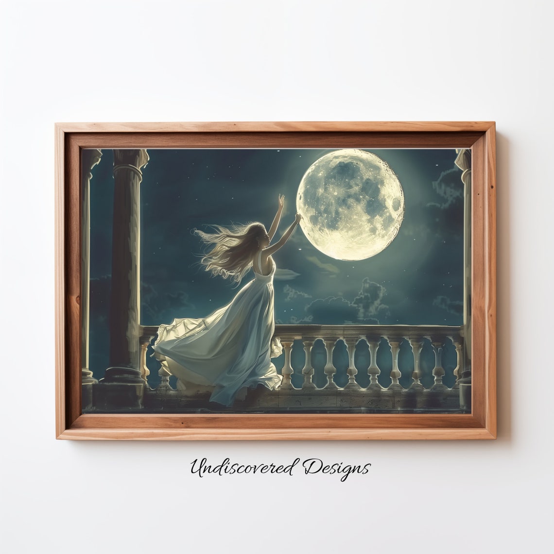 Woman Dancing Under Full Moon Night Balcony Spooky Art Poster
