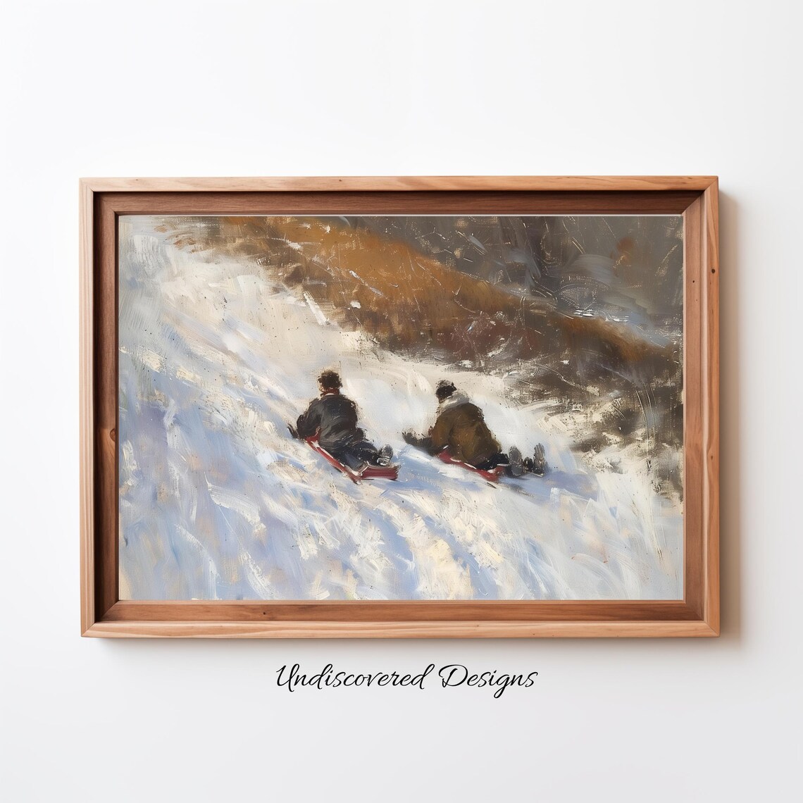 Vintage Friends Sledding Down Snowy Winter Hill Scene Poster