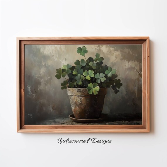 Potted Clover Shamrock Plant Vintage Botanical Oil Painting Poster