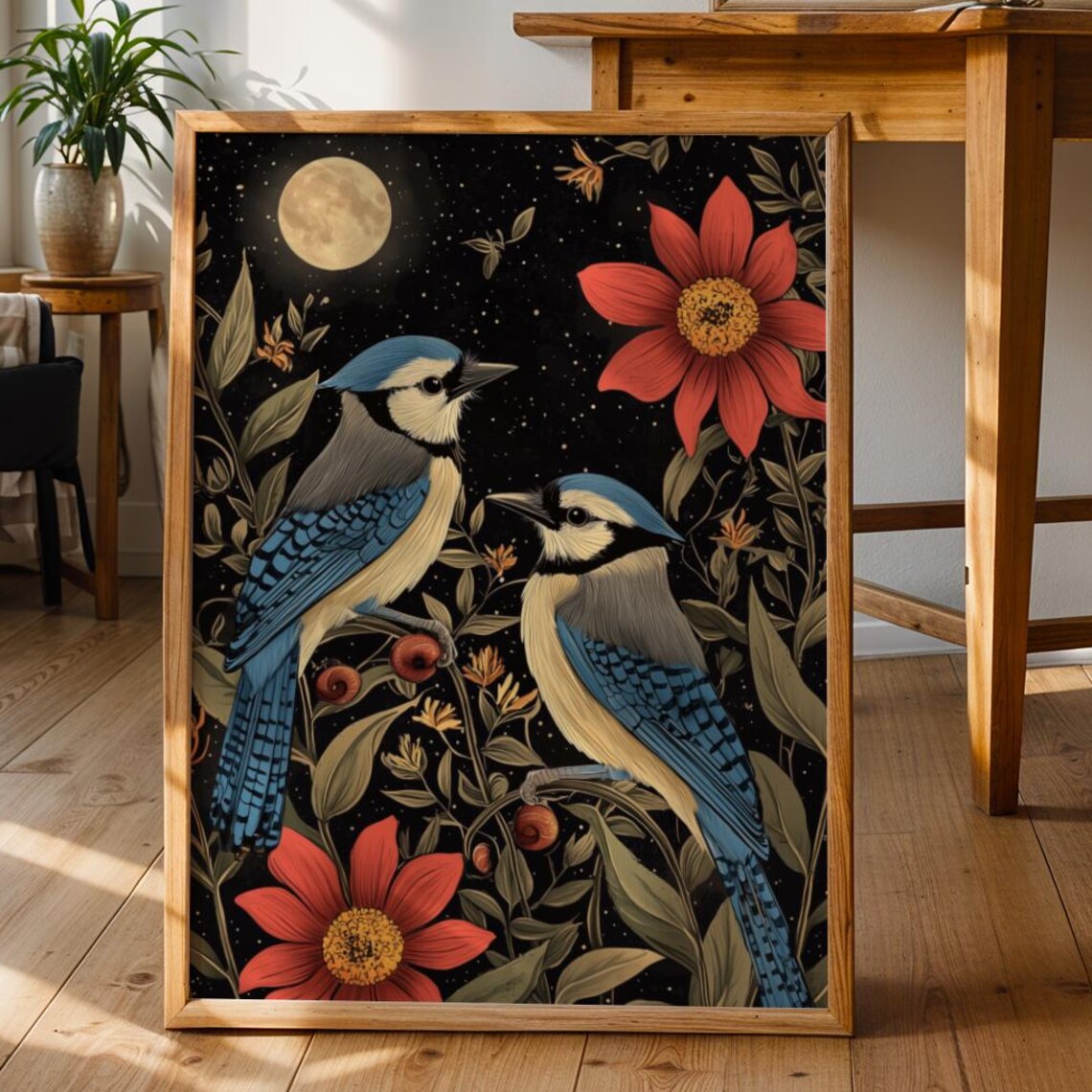 Blue Jay Pair Night Sky Folk Art Print Moon Flowers Nature Decor