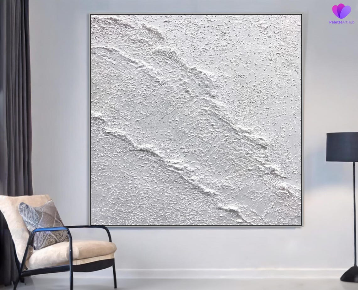 All White Heavy Textured 3D Minimalist Abstract Impasto Poster - Image 2