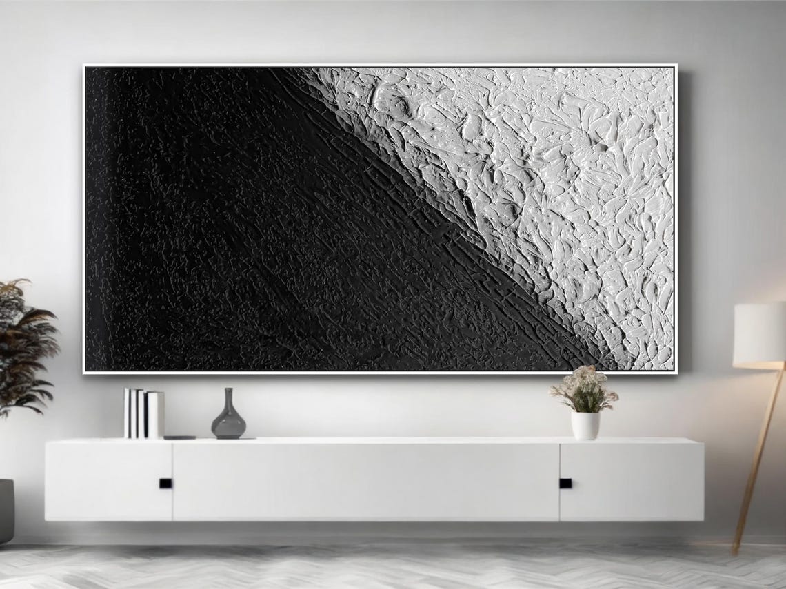 Bold Graphic Black White Diagonal Split Textured Abstract Poster - Image 3