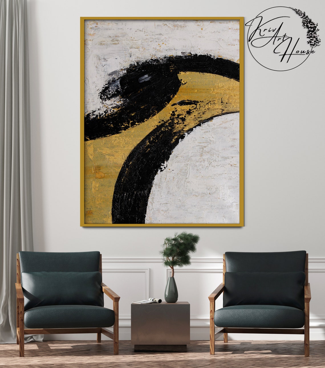 Gold Black Bold Brushstroke Minimalist Abstract Wall Art Print - Image 3