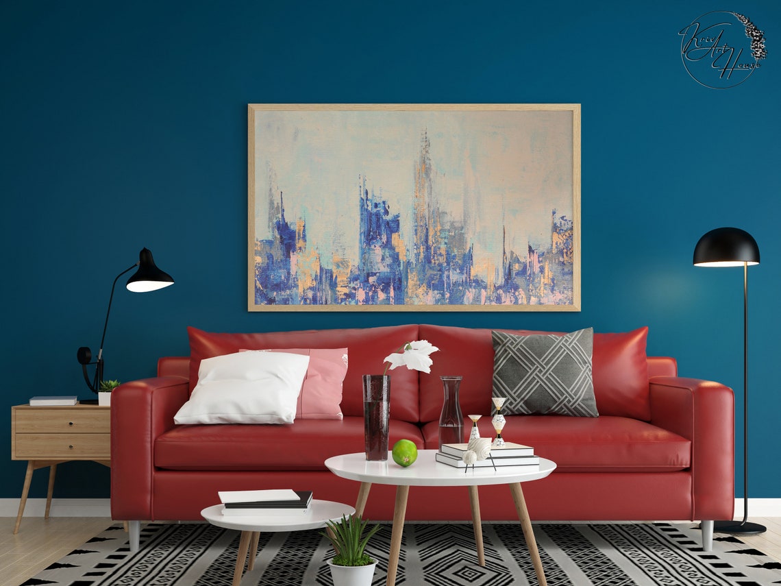 Blue Gold Abstract City Skyline Dreamy Painting Modern Wall Poster - Image 2