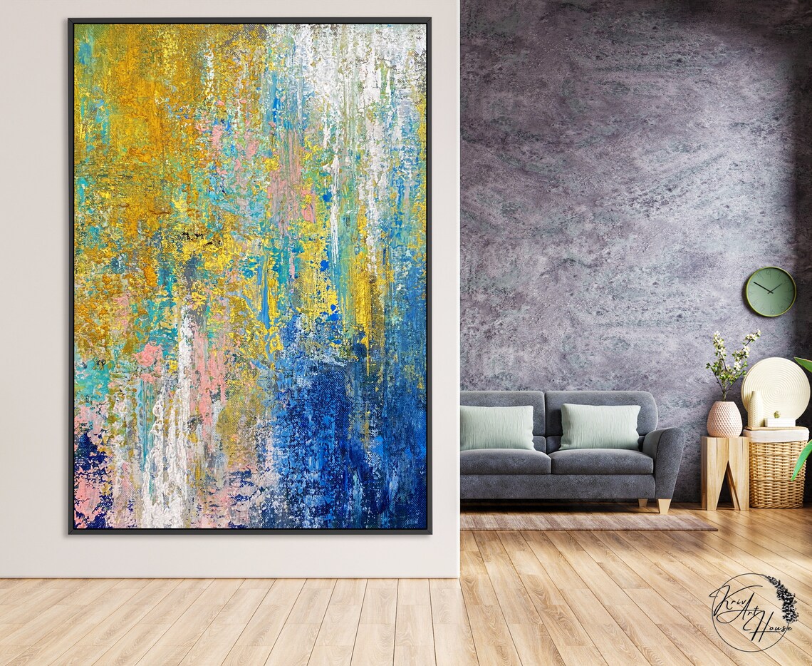 Yellow Blue Abstract Painting, Palette Knife Art Print - Image 2