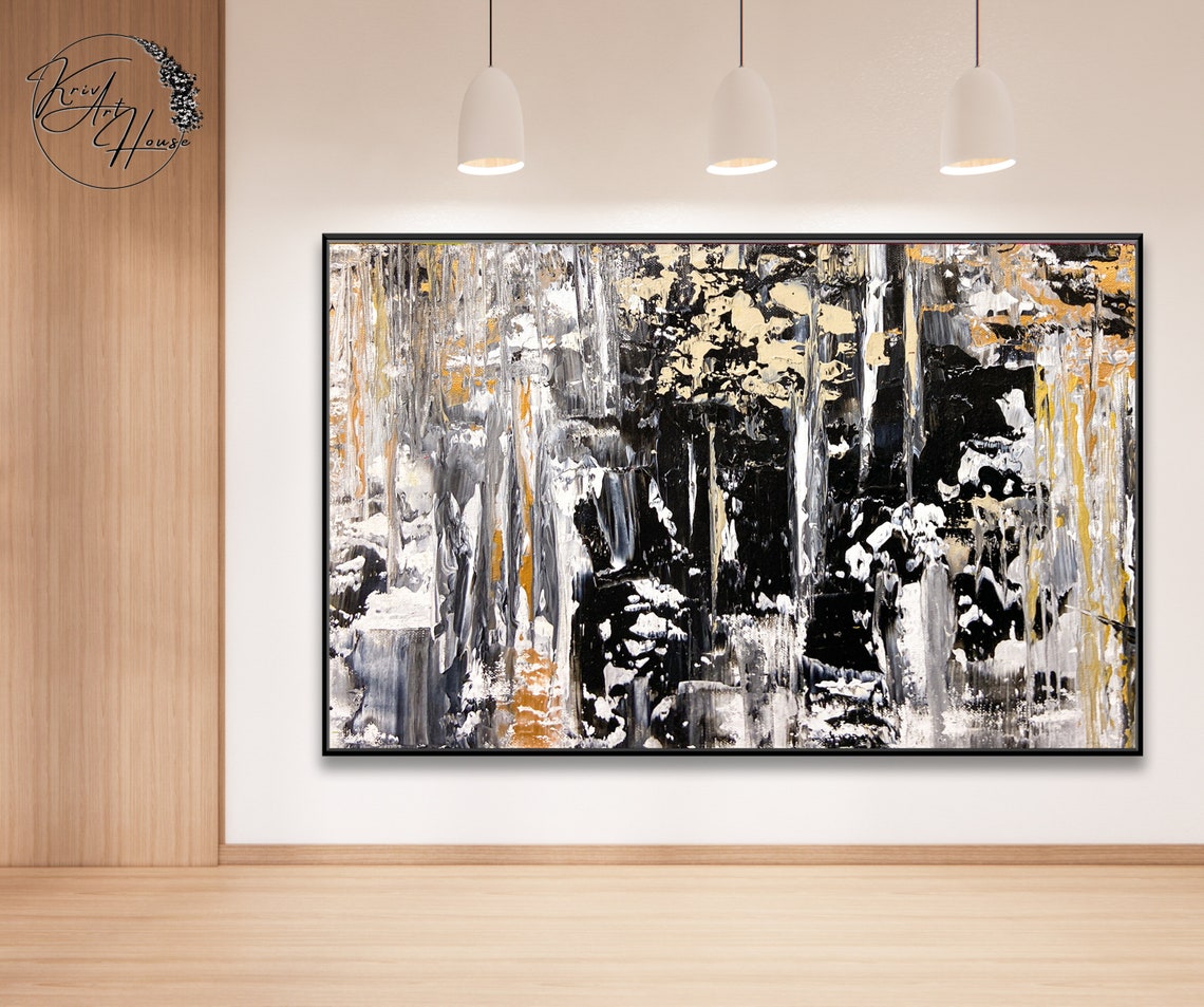 Black White Gold Drip Textured Abstract Painting Dramatic Wall Poster - Image 2