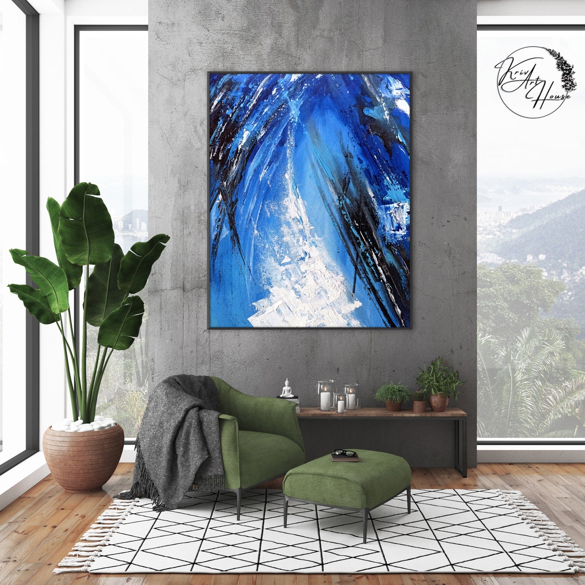 Stormy Blue Ocean Waves Bold Black White Strokes Art Wall Print - Image 4