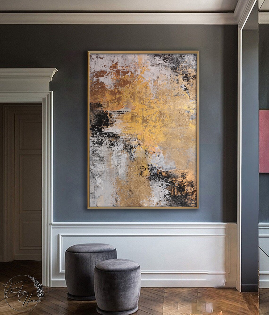 Abstract Painting, Gold and Grey Modern Art Print - Image 4