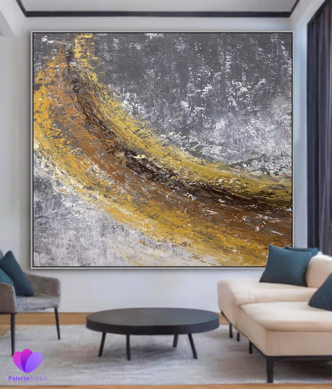 Golden Ochre Sweep Across Grey Textured Modern Abstract Poster - Image 4