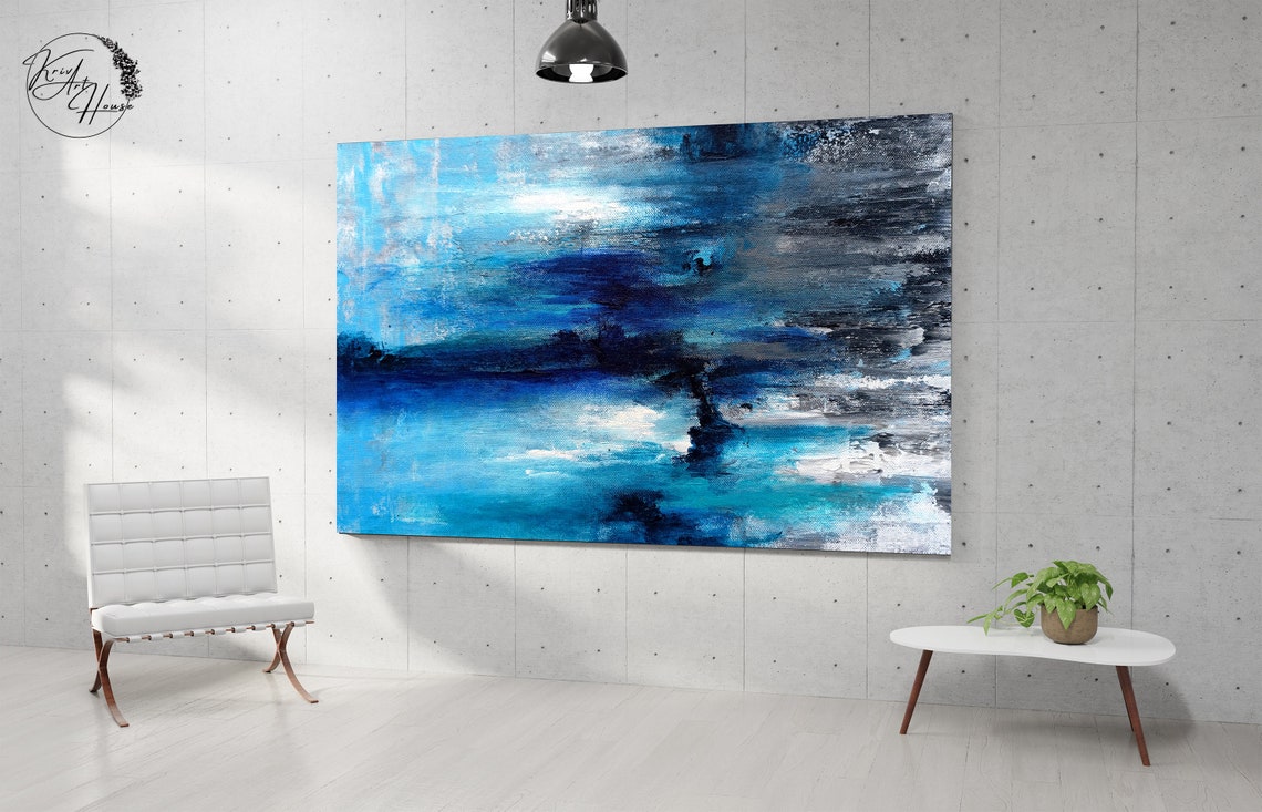 Deep Blue Ocean Abstract White Foamy Drips Textured Art Poster - Image 3