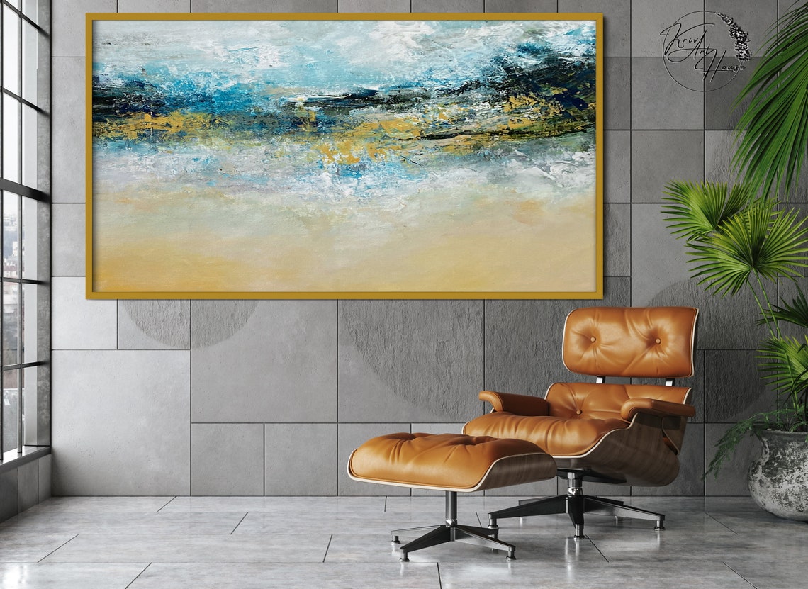 Blue Gold White Misty Coast Abstract Painting Calm Modern Wall Poster - Image 2