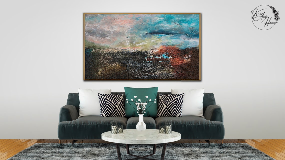 Dark Teal Cloud Abstract Black Ground Rust Accents Wall Art Print - Image 4